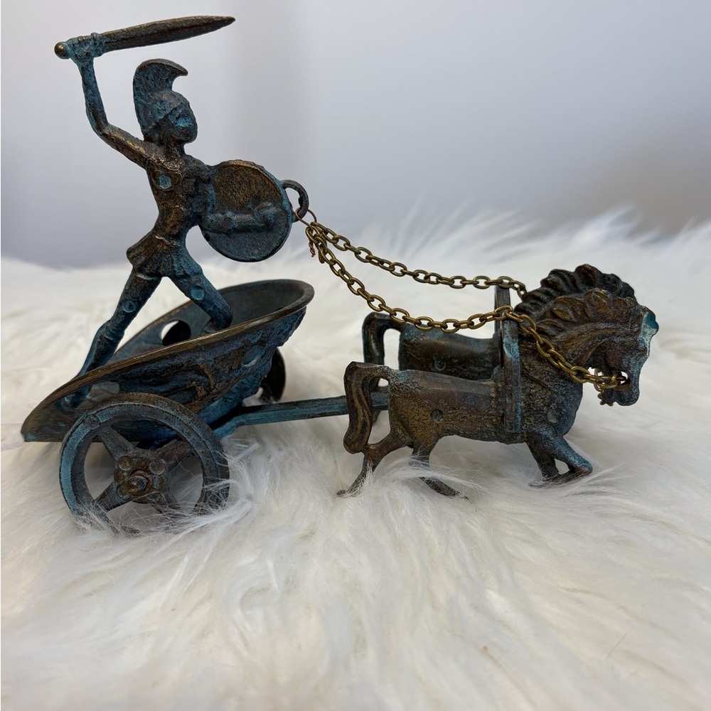 Vintage Bronze Chariot Figurine with Blue Accents